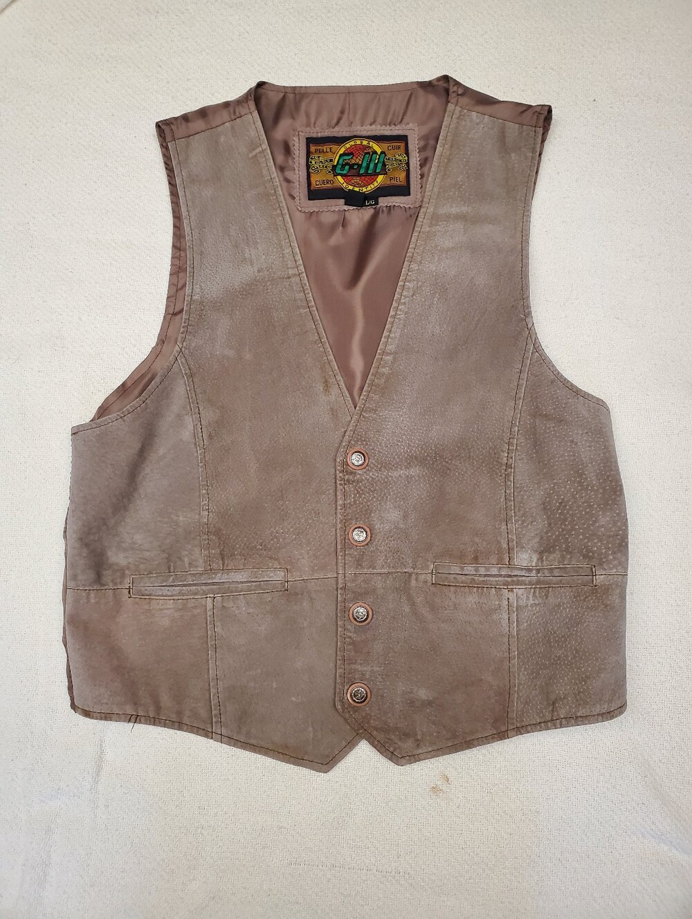 Vintage G-III Global Identity 100% Leather Vest Mens Large Brown Western Biker